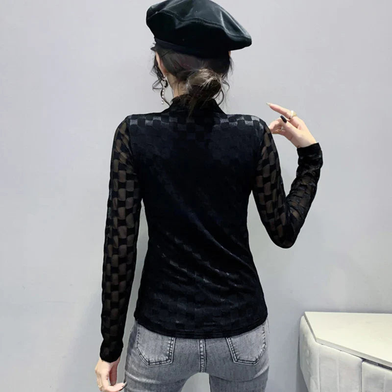 Lucille - Elegantes Langarm-Mesh-T-Shirt im europäischen Stil