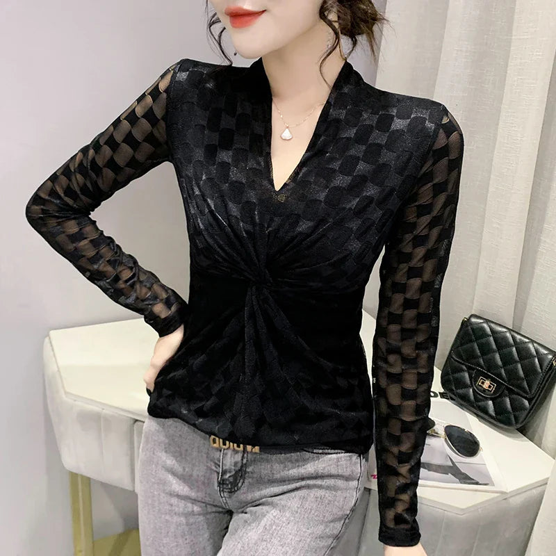 Lucille - Elegantes Langarm-Mesh-T-Shirt im europäischen Stil