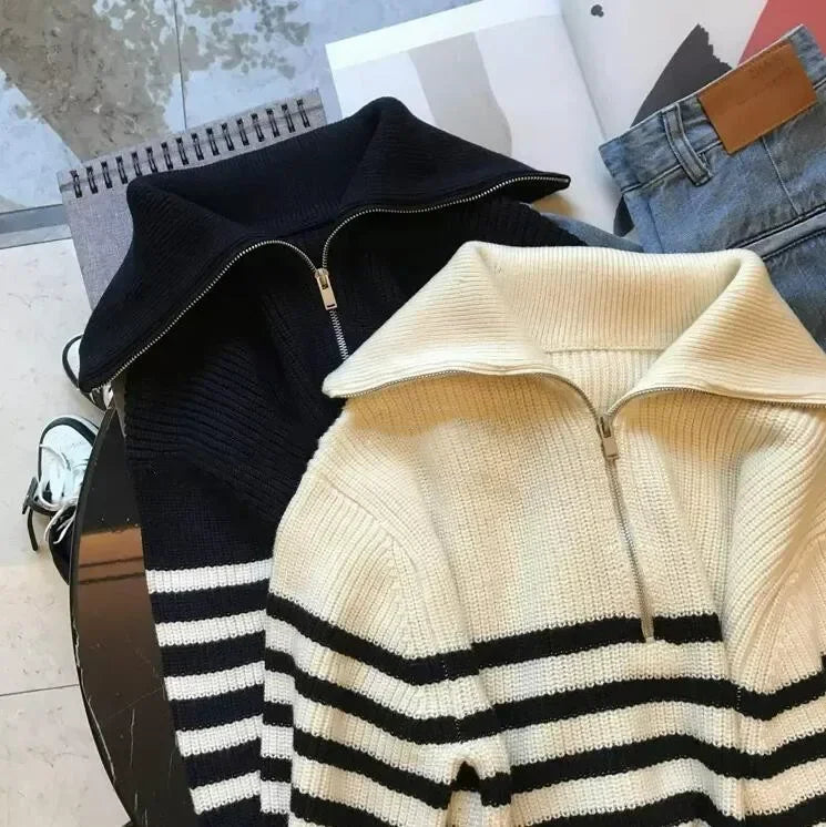 Janelle - Damen Pullover mit Vollärmeln, Kragen und Reißverschluss