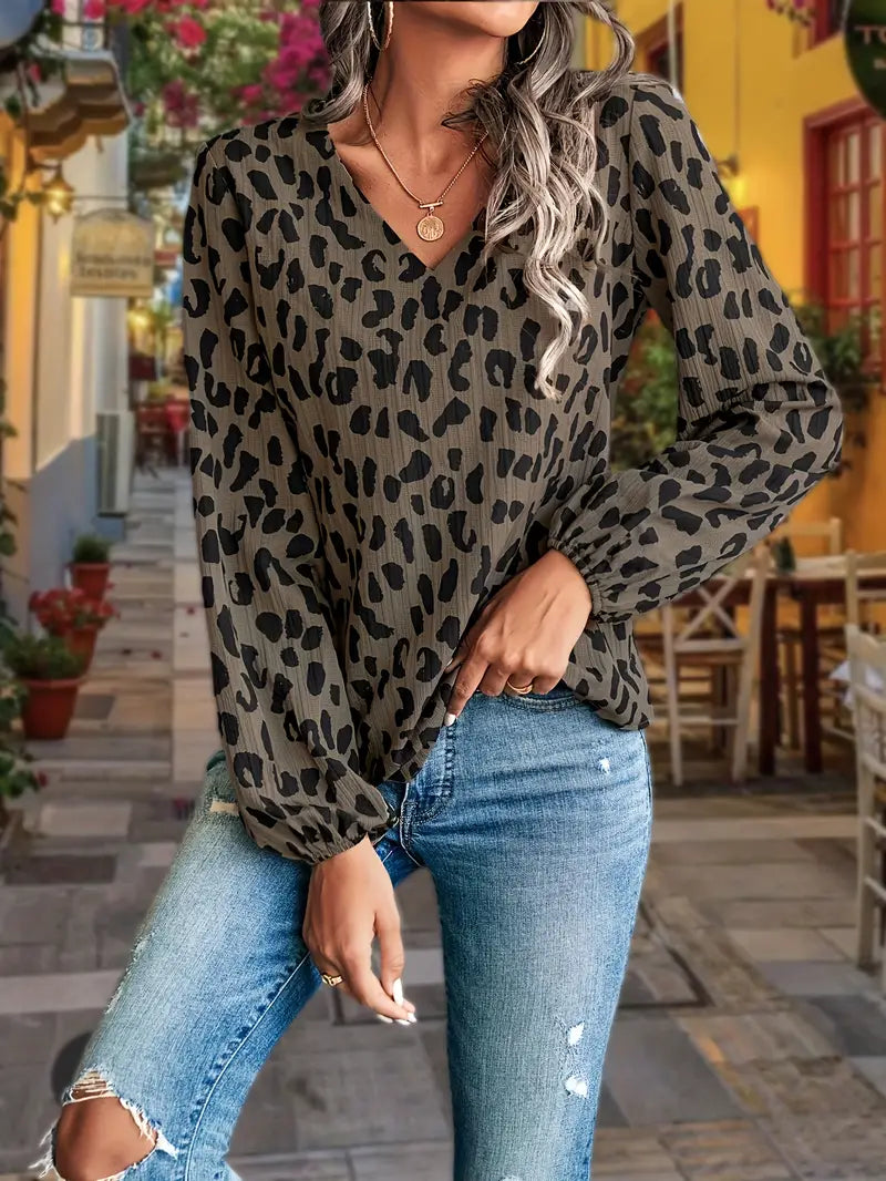 Bluse mit V-Ausschnitt und Leopardenmuster | Bluse für Frauen