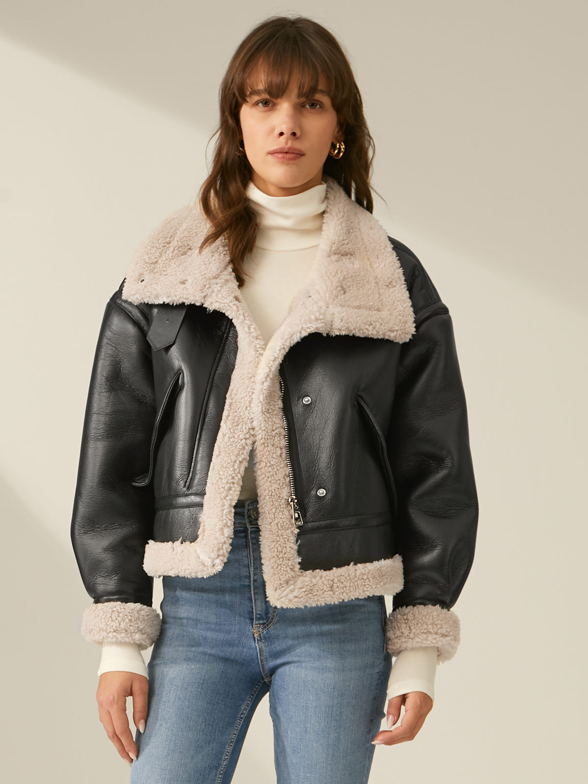 Sherpa Gefütterte Lederjacke Fliegerjacke Damen – Warmer Luxus für den Winter -Ruth