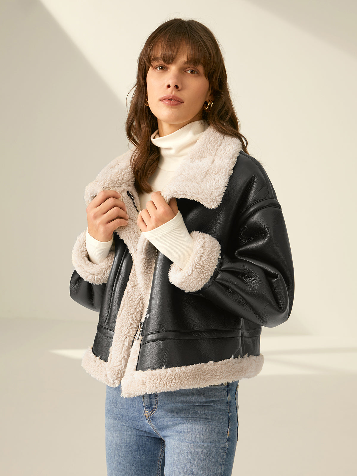 Sherpa Gefütterte Lederjacke Fliegerjacke Damen – Warmer Luxus für den Winter -Ruth