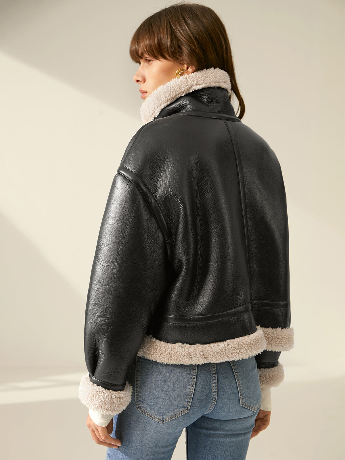 Sherpa Gefütterte Lederjacke Fliegerjacke Damen – Warmer Luxus für den Winter -Ruth