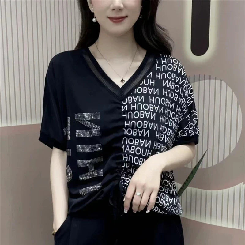 Iyana - T-Shirt mit Strass und Schnürung, bedruckt im koreanischen Stil