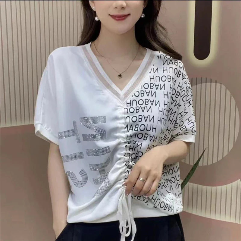 Iyana - T-Shirt mit Strass und Schnürung, bedruckt im koreanischen Stil