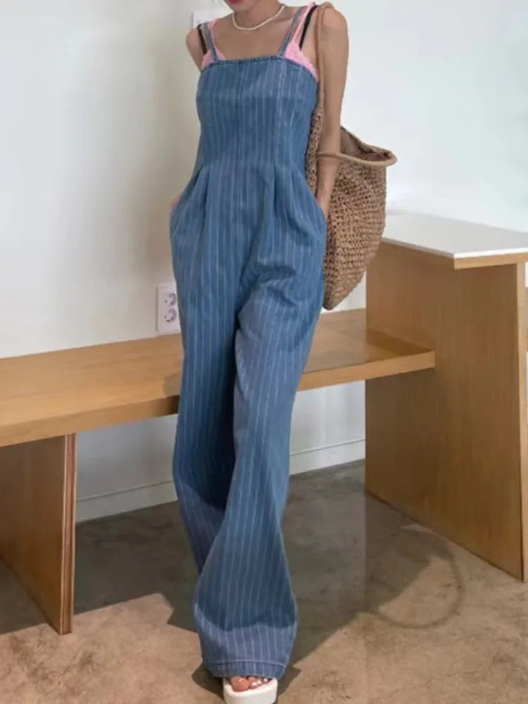 Belinda - Denim Jumpsuit mit weitem Bein und Streifenmuster