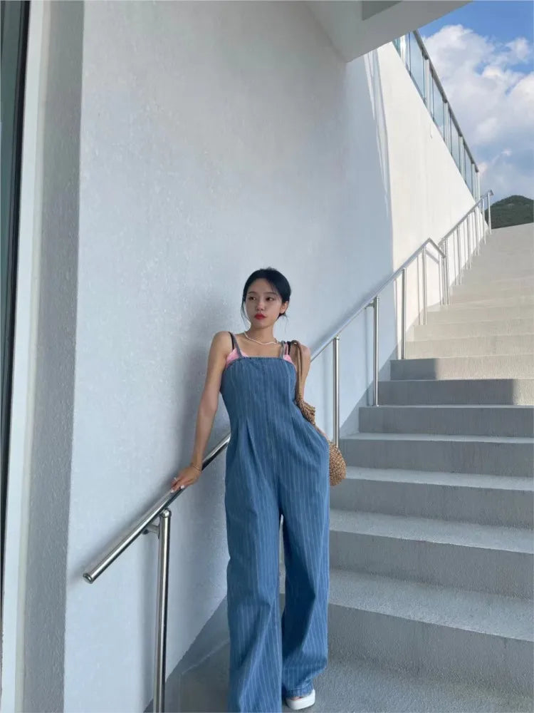 Belinda - Denim Jumpsuit mit weitem Bein und Streifenmuster