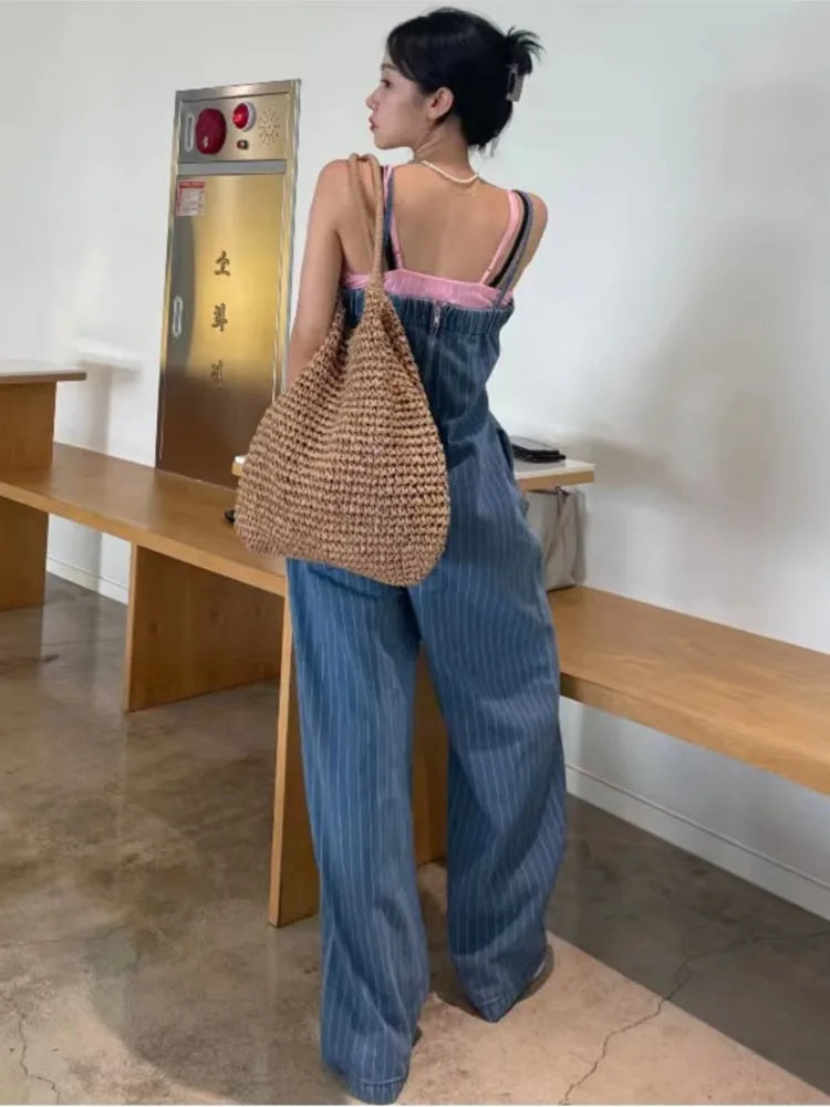 Belinda - Denim Jumpsuit mit weitem Bein und Streifenmuster