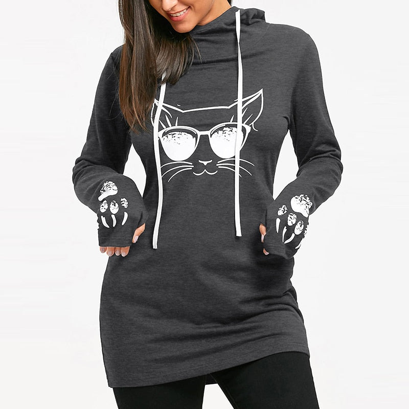 Damen-Sweatshirt mit Katzenmotiv mit Kapuze