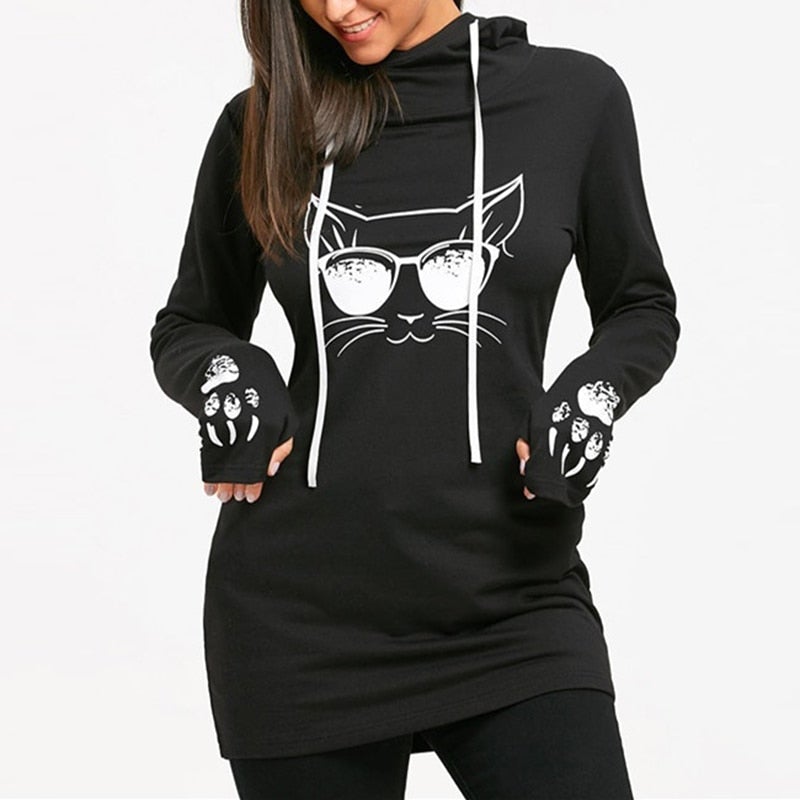 Damen-Sweatshirt mit Katzenmotiv mit Kapuze