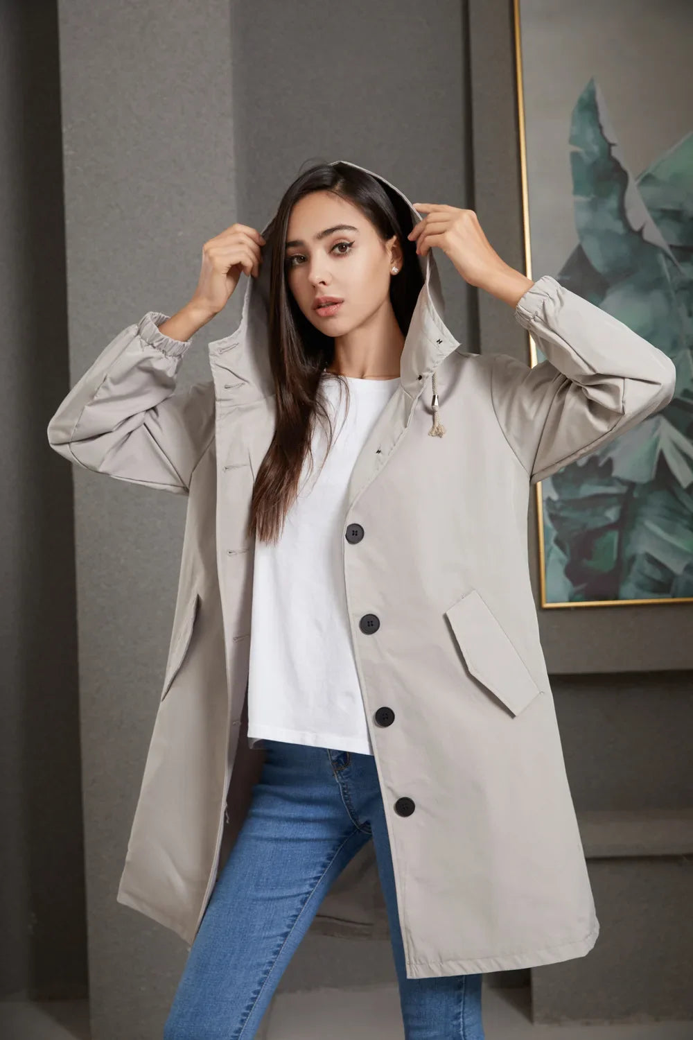 Damen-Windbreaker-Trenchcoat mit einreihigem Design