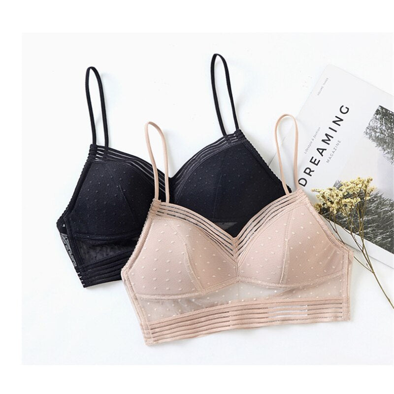 Bralette-BH mit offenem Rücken aus gepunktetem und gestreiften Mesh-Stoff