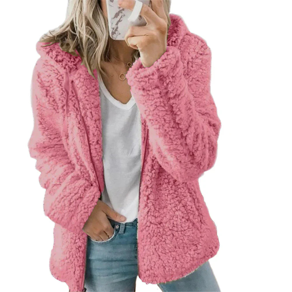 Iole - Damenmode | Eleganter Bären Teddy Pelzmantel: Weicher Fleece Mantel mit Taschen und Reißverschluss