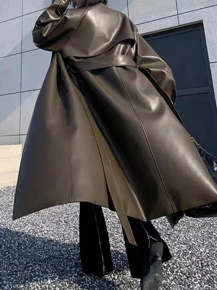 Langer Leder Trenchcoat mit Gürtel - Dimitra