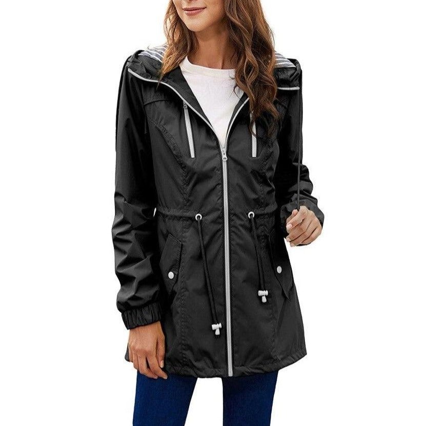 Gestreifte Damen-Kapuzen-Regenjacke